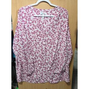 D & Co. Women's Button Front V-Neck Long Sleeve Tunic‎ Style Blouse Pink Leaves